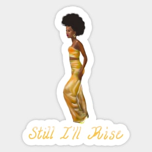 Still I’ll rise -light - black girl with Afro hair, shimmering gold dress and dark brown skin side profile. Sticker